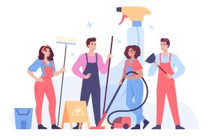 Cleaning team with brooms and vacuum cleaner